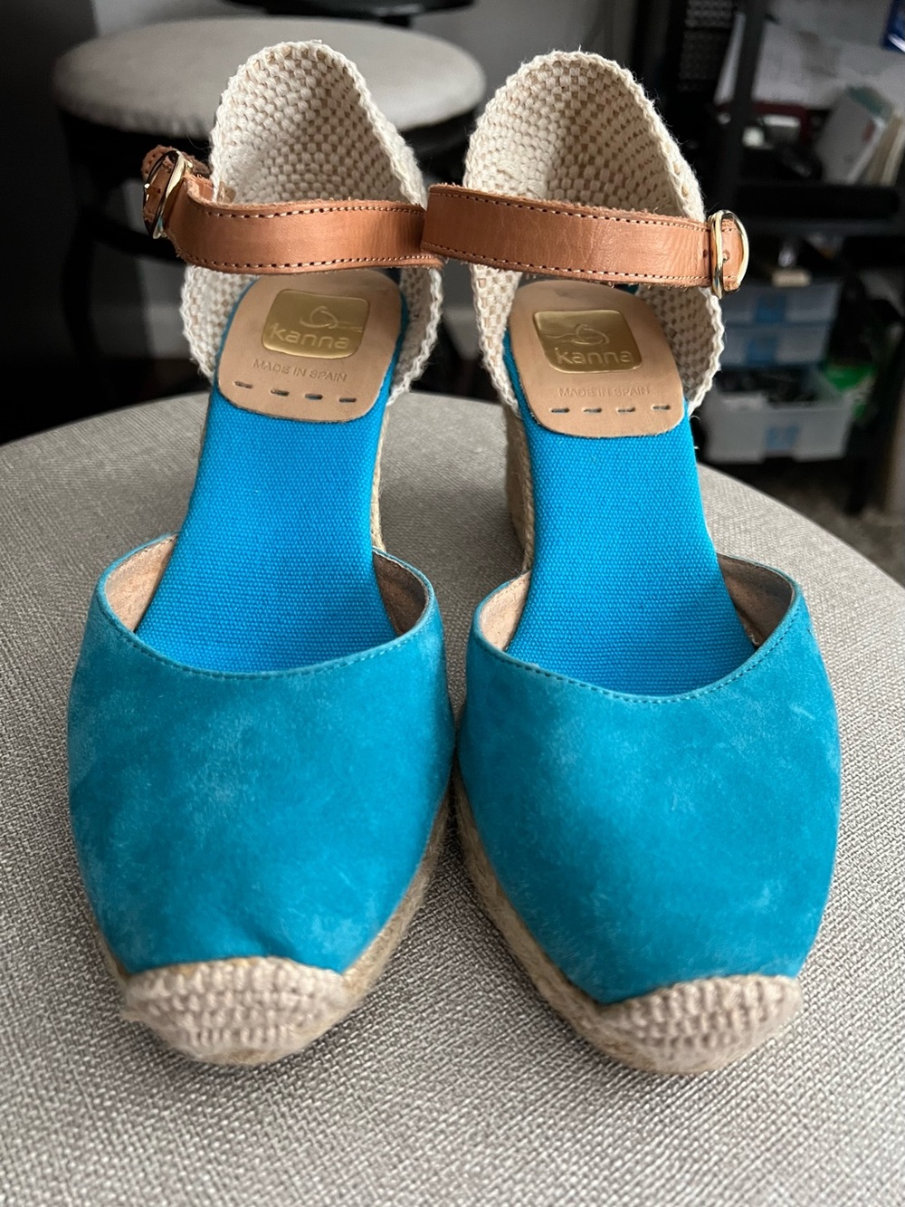 Kanna Teal Espadrille Wedge Sandals with Tan Ankle Strap size 36